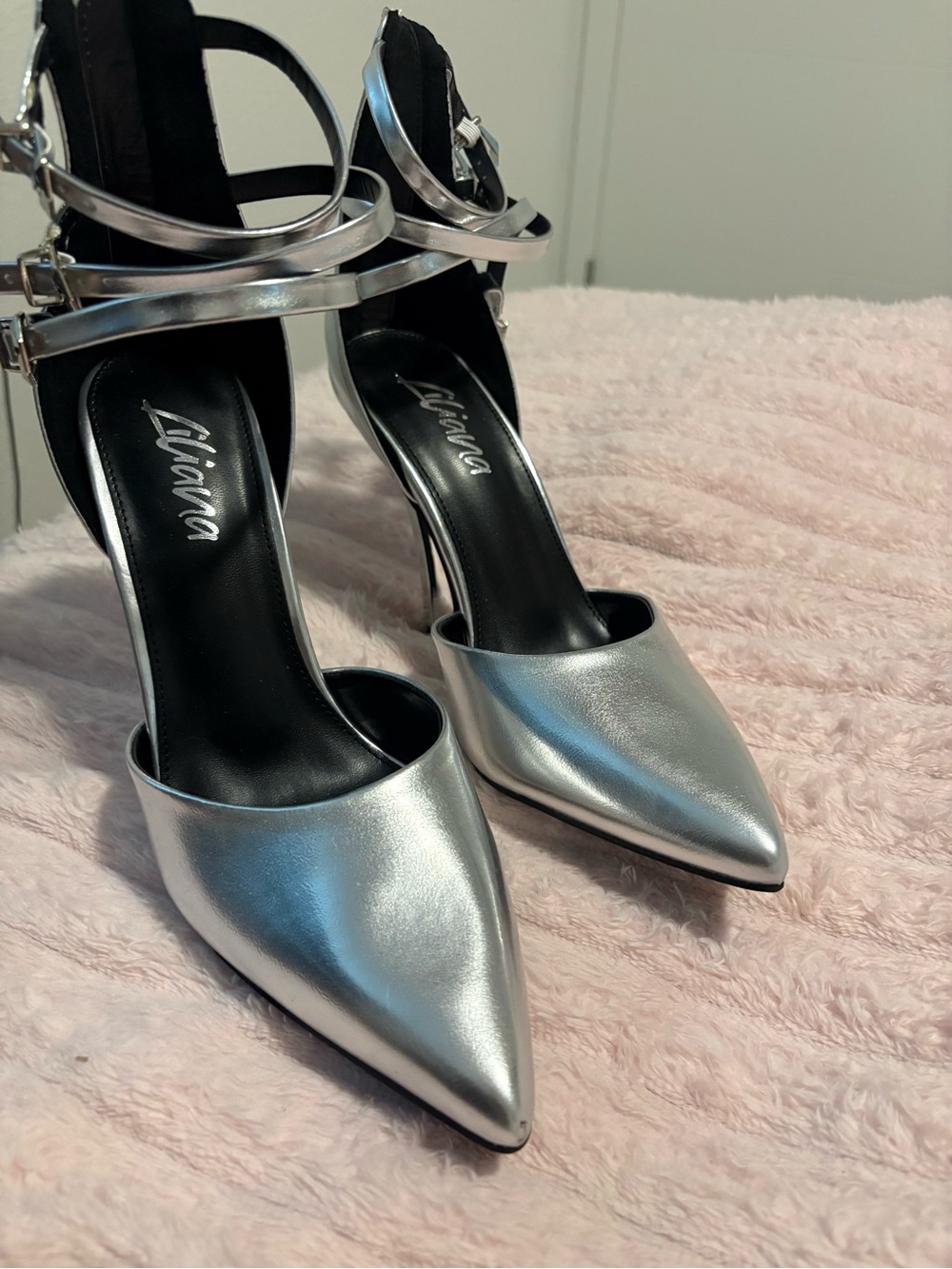 Liliana Metallic Silver Pointed-Toe Strappy Heels